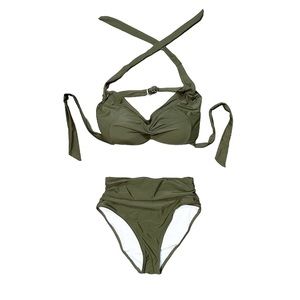 NWOT Tempt Me Green Vintage Swimsuit Retro Halter Ruched High Waist Bikini
